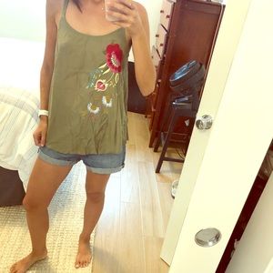 Embroidered olive tank